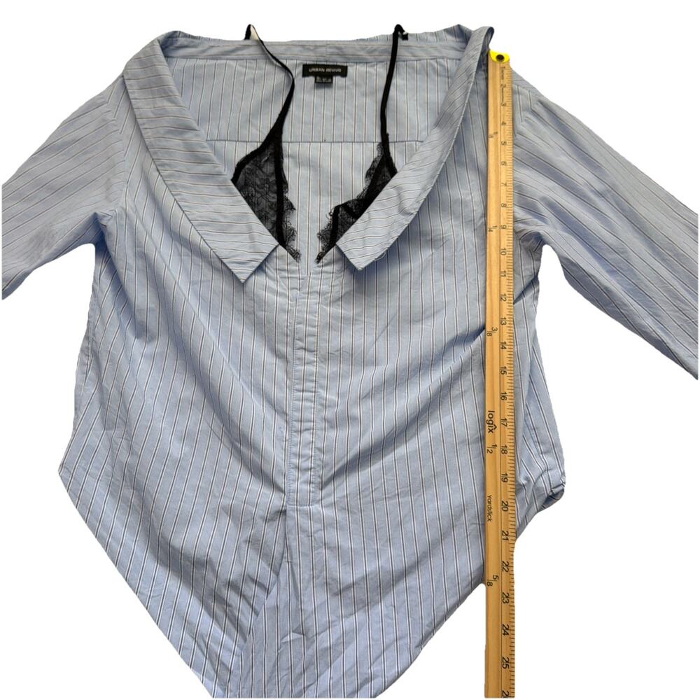 Urban Revivo Layered Shirt Size 10 Blue Pinstripe Black Lace Detail Off Shoulder - Picture 7 of 11
